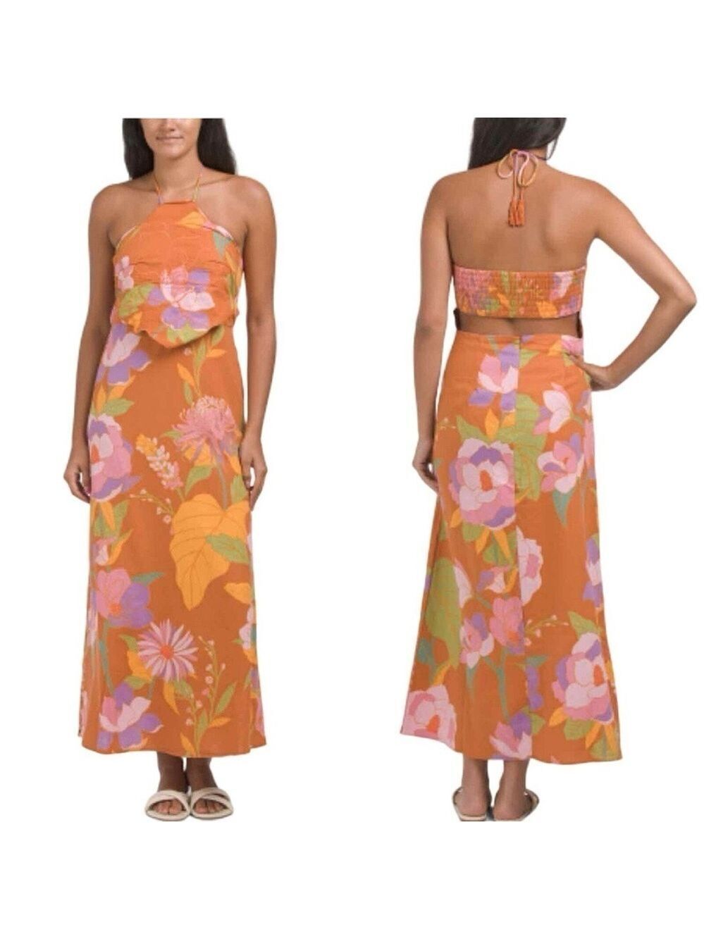 Caroline Constas orange floral flower print tropical halter midi maxi dress L